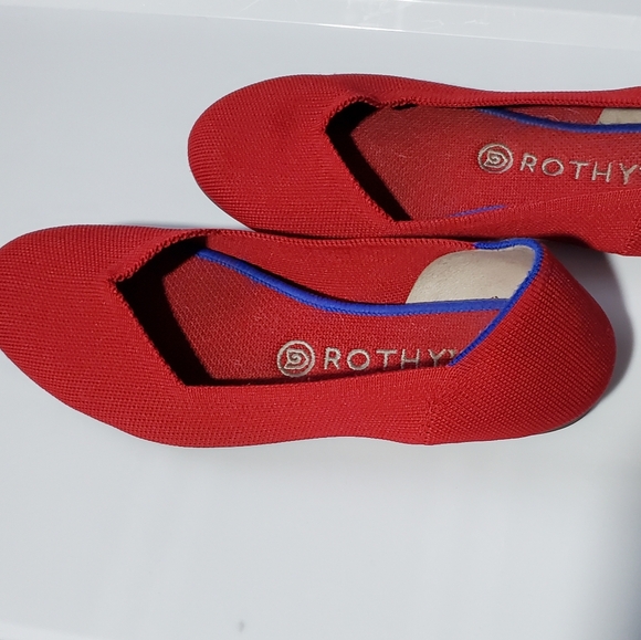 Rothy's Shoes - Rothy’s Red Knit Ballet Flats Women 8.5 Blue Trim Washable Slip On Comfort Shoes